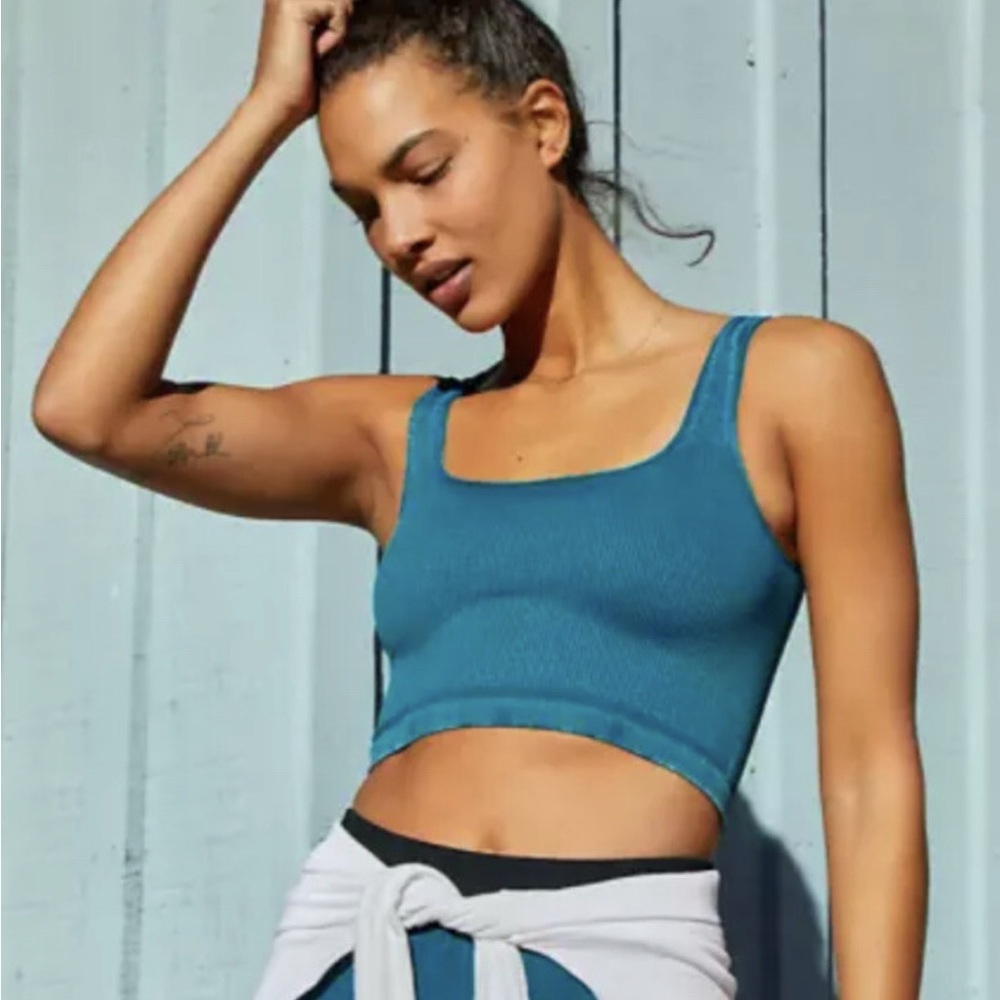 Free People Teal Ribbed Square-Neck Crop Tank